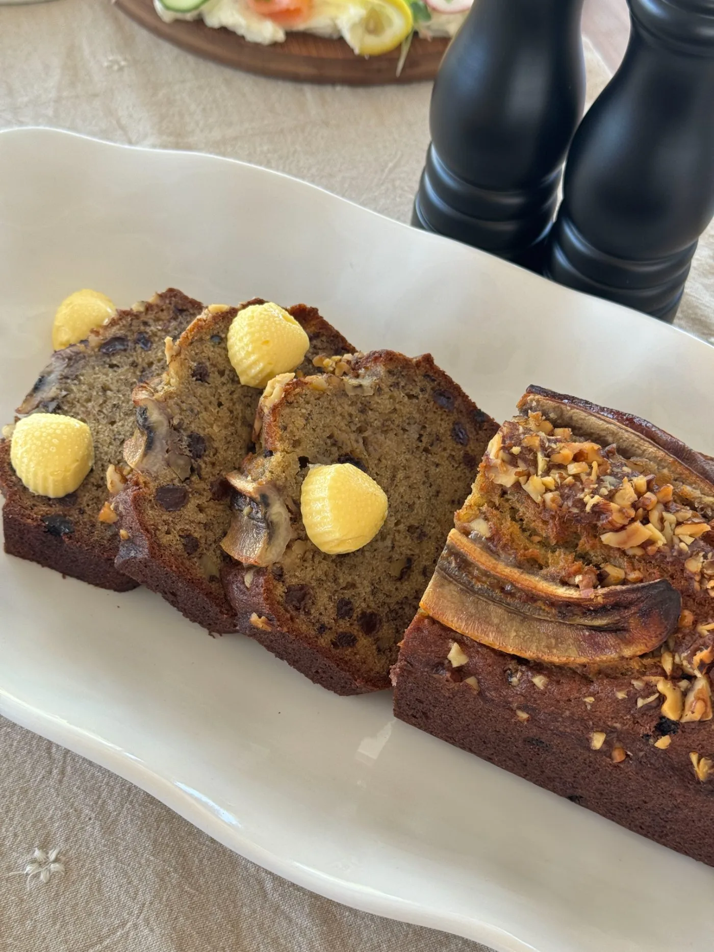 Chocolate-chip banana bread, freshly sliced