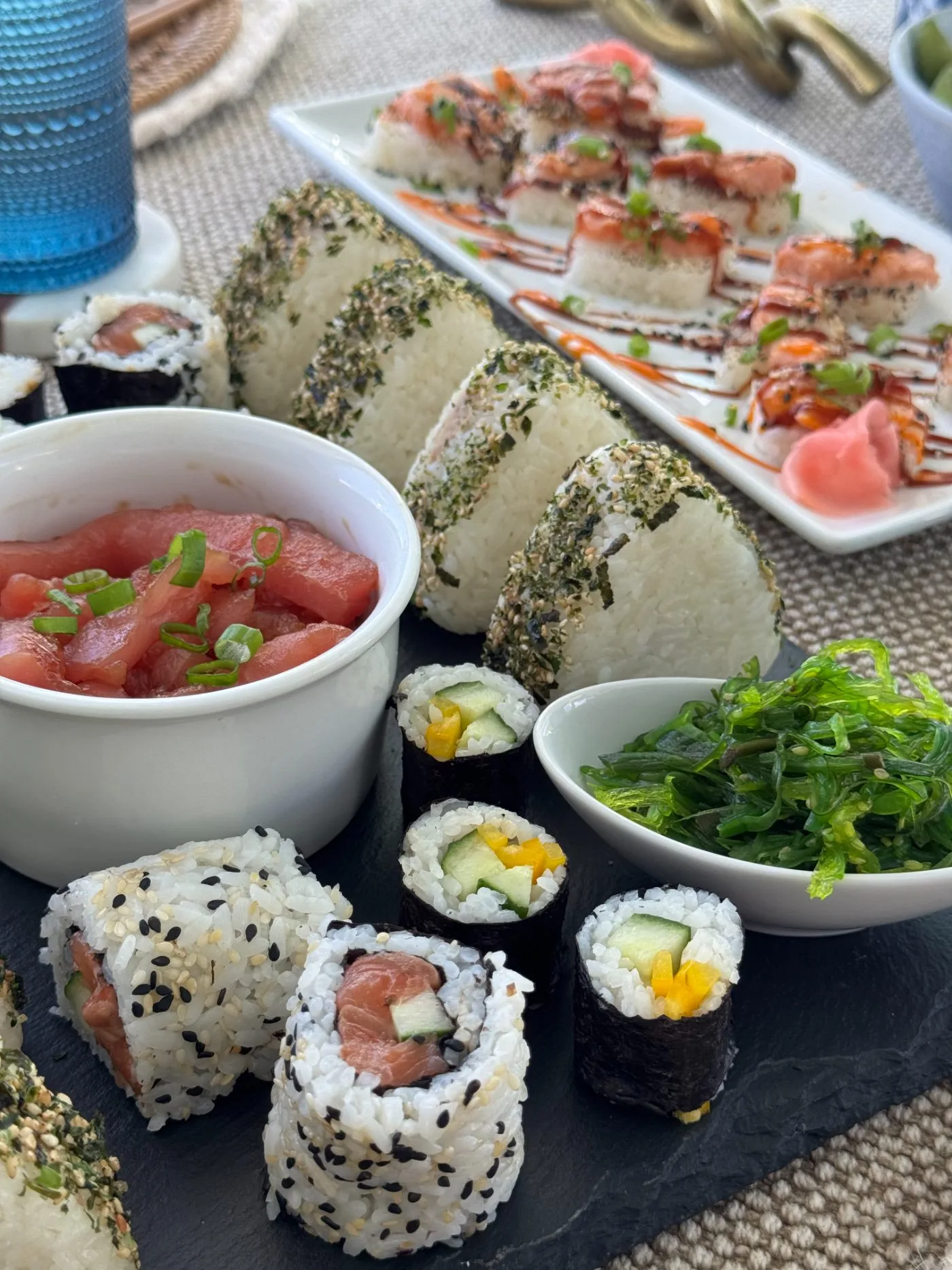 Sushi night — hand rolls, futomaki and tuna poke