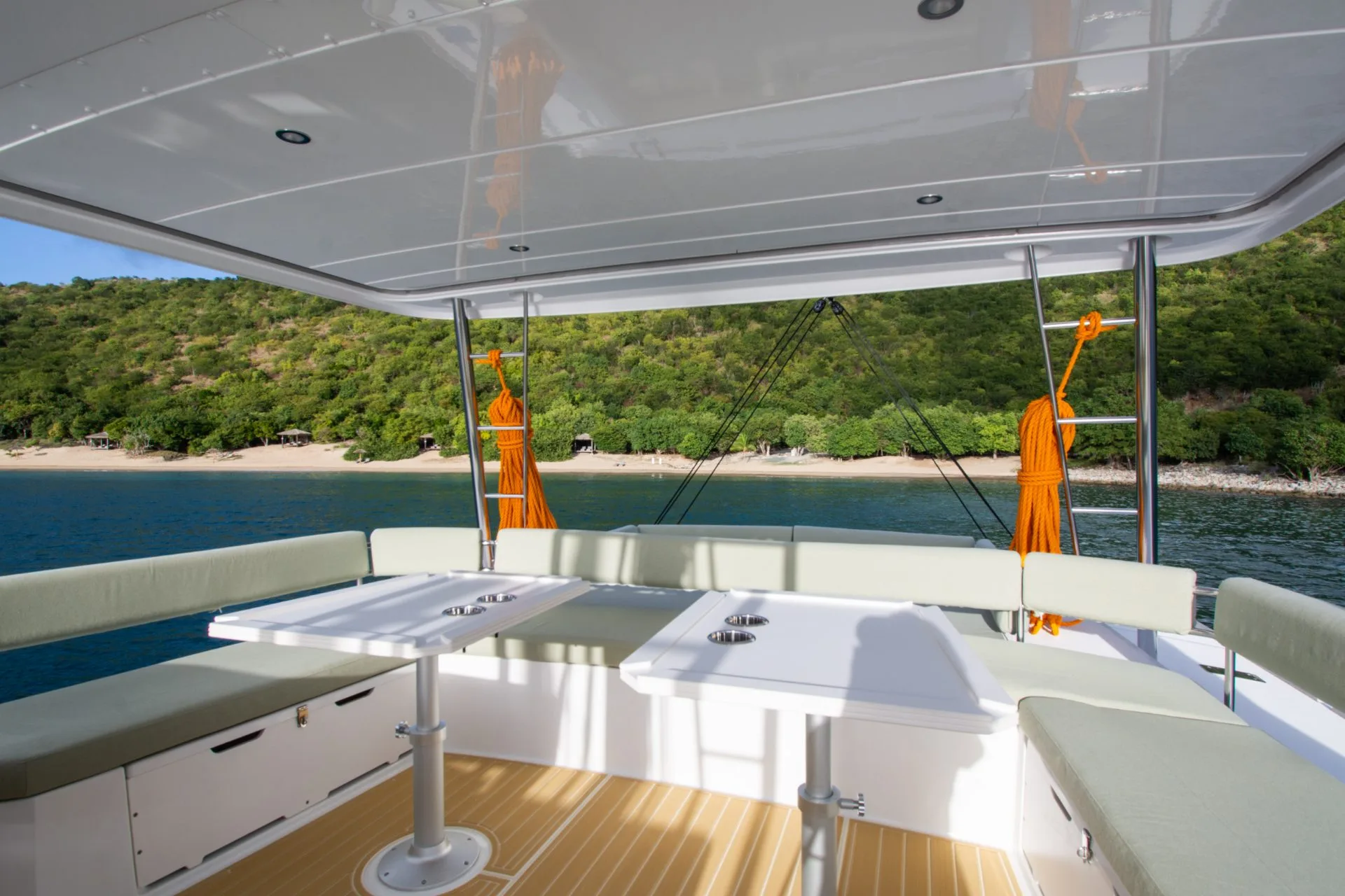 View from Allegra's flybridge looking over the bay to a quiet beach
