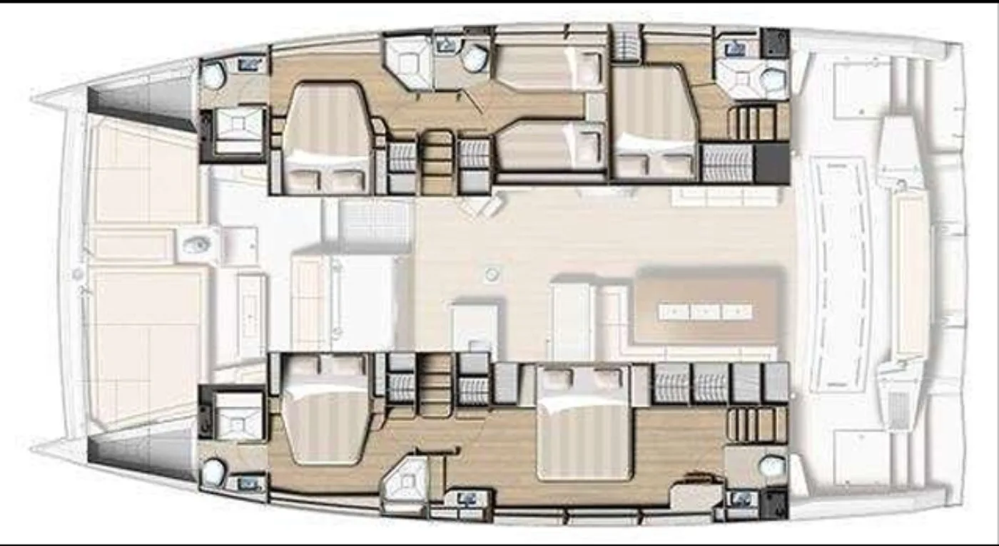 Lower deck plan — cabins, heads and storage